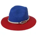 Panama straw hat in blue and red color-block design with golden chain detail - M(56-58cm) / Blue And Red (357-F)