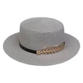 Grey boater hat for women with black ribbon and gold leaf charm detail for summer beach - Metal Leaf Style (307L)