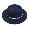 Navy blue straw boater hat featuring seashell and wooden bead decorative trim - 56-58cm / Shell and Bead Decoration (042J) / Navy Blue