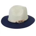 Navy and cream two-tone straw Fedora hat with decorative metallic buckle strap - M(56-58cm) / Beige And Navy Blue (357-G)
