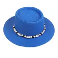 Flat top straw boater hat in navy blue with a decorative shell and bead band - 56-58cm / Shell and Bead Decoration (042K) / Blue