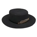 Women's black woven flat top sun hat with elegant golden metal leaf decoration - Metal Leaf Style (307M)