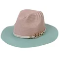 Foldable panama straw hat with pink crown, mint green brim and gold chain accent - M(56-58cm) / Pink And Mint Green (357-H)