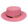 Pink woven straw boater hat with black leather band and golden leaf ornament - Metal Leaf Style (307N)