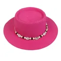 Elegant rose red straw boater hat with decorative seashells and wooden beads trim - 56-58cm / Shell and Bead Decoration (042L) / Rose Red