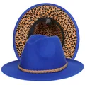 Cappello fedora blu reale con tesa leopardata e cinturino in pelle marrone intrecciata - Taglia unica(56-58cm) / Blu (235-K)