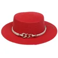 Elegant red flat top straw hat with white twisted rope and golden metal buckle decoration - Interlocking Metal Chain Style (308A)