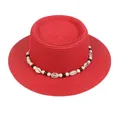 Vibrant red straw boater hat featuring a decorative band of seashells and wooden beads - 56-58cm / Shell and Bead Decoration (042M) / Red