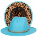 Cappello fedora celeste a tesa larga con fascia intrecciata e fodera leopardata - Taglia unica(56-58cm) / Azzurro (235-J)