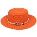 Women's summer orange woven straw flat top hat with pearl flower and chain detail - Interlocking Metal Chain Style (308B)