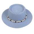 Light blue flat top straw hat featuring elegant shell and bead decorative band detail - 56-58cm / Shell and Bead Decoration (042N) / Sky Blue