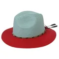 Foldable panama straw hat with blue crown, red wide brim and chain fringe tassel - M(56-58cm) / Mint Green And Red (358-C)