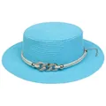 Sky blue flat top straw hat with pearl floral detail and elegant metal chain trim - Interlocking Metal Chain Style (308C)