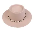 Pale pink flat top straw boater hat with bohemian shell and wooden bead headband - 56-58cm / Shell and Bead Decoration (042P) / Light Pink