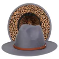 Cappello fedora grigio con fodera leopardata e fascia in pelle marrone con fibbia - Taglia unica(56-58cm) / Grigio (237-A)