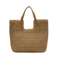 Handwoven straw tote bag with brown leather handles and spacious U-shaped opening design - Khaki