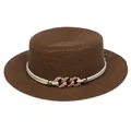 Brown straw boater hat featuring a white twisted rope band and gold metal link accents - Interlocking Metal Chain Style (308D)