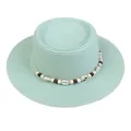 Flat top straw sun hat in mint green with shell and wooden bead decorative band - 56-58cm / Shell and Bead Decoration (042R) / Mint Green