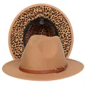 Cappello Fedora cammello con fascia in pelle marrone e fodera leopardata - Taglia unica(56-58cm) / Cachi (237-F)