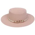 Pink woven boater hat for women with sparkling rhinestone gold chain trim and flat brim - Interlocking Metal Chain Style (308E)