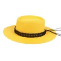 Elegant yellow straw boater hat with black woven band and adjustable wind strap - 56-58cm / Black Woven Band (043A) / Yellow