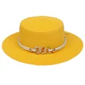Fashionable bright yellow straw sun hat with decorative white rope and gold buckle - Interlocking Metal Chain Style (308F)