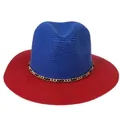 Two-tone Panama straw hat in royal blue and red with a gold metal chain accessory - M(56-58cm) / Blue And Red (358-F)