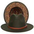 Cappello fedora verde scuro con fibbia in pelle marrone e fodera con stampa leopardata - Taglia unica(56-58cm) / Verde Militare (237-C)