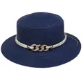 Navy blue wide brim boater straw hat featuring a decorative gold chain and pearl flower - Interlocking Metal Chain Style (308G)