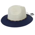 Beige and navy blue wide brim panama straw hat with gold chain and black tassel cord - M(56-58cm) / Beige And Navy Blue (358-G)