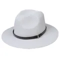 White Panama straw fedora hat with black studded leather band and metal buckle - 56-58cm / With Rivet Decoration Band (337-G) / White
