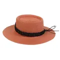 Flat top straw boater hat in rust red with black woven band for summer vacations - 56-58cm / Black Woven Band (043D) / Caramel color