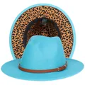 Cappello Fedora azzurro con cinturino in pelle marrone e fodera leopardata alla moda - Taglia unica(56-58cm) / Azzurro (237-J)