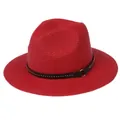 Red straw Panama fedora with black studded leather band and gold ring accent - 56-58cm / With Rivet Decoration Band (337-H) / Red