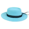 French style bright blue straw boater hat with black hollow woven band for summer beach - 56-58cm / Black Woven Band (043E) / Lake Blue