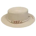 Elegant beige wide brim straw boater hat with pearl and rhinestone gold chain detail - Interlocking Metal Chain Style (308I)