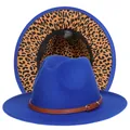 Cappello fedora blu con tesa leopardata e cinturino in pelle in misto cotone e poliestere - Taglia unica(56-58cm) / Blu (237-K)