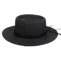 Elegant black boater straw hat with woven ribbon detail and adjustable ties - 56-58cm / Black Woven Band (043F) / Black