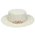 Elegant cream straw boater hat with pearl flower decor and golden chain link for women - Interlocking Metal Chain Style (308J)
