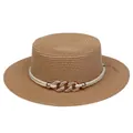 Brown wide brim straw sun hat with elegant pearl flower and gold chain decoration - Interlocking Metal Chain Style (308K)