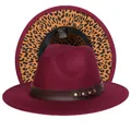 Cappello Fedora bordeaux classico con tesa leopardata e cinturino in pelle con borchie - Taglia unica(56-58cm) / Rosso Vino (239-I)