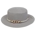 Gray boater hat with straw texture, white rope band, and gold chain pearl accents - Interlocking Metal Chain Style (308L)