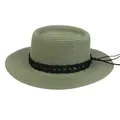 Flat top straw sun hat in greyish green featuring a black woven band with long ties - 56-58cm / Black Woven Band (043I) / Green