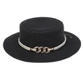 Women's black straw boater hat with white rope band and gold chain link accessory - Interlocking Metal Chain Style (308M)