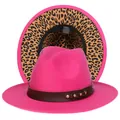 Cappello Fedora rosa con tesa leopardata e nastro decorativo con borchie dorate - Taglia unica(56-58cm) / Rosa Rosso (239-H)