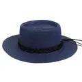 Flat top straw boater hat in navy blue with black decorative leather-like band - 56-58cm / Black Woven Band (043J) / Navy Blue