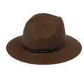 Dark brown woven straw Panama hat with a studded black leather band and metal buckle - 56-58cm / With Rivet Decoration Band (337-L) / Coffee