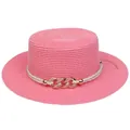 Bright pink flat-top straw hat with braided white rope and golden buckle decoration - Interlocking Metal Chain Style (308N)