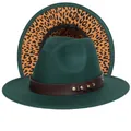 Cappello fedora verde scuro con fascia in pelle e tesa interna leopardata - Taglia unica(56-58cm) / Verde Scuro (239-B)