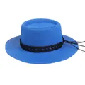 Royal blue flat top straw hat with a black leather-like decorative band and knot - 56-58cm / Black Woven Band (043K) / Blue